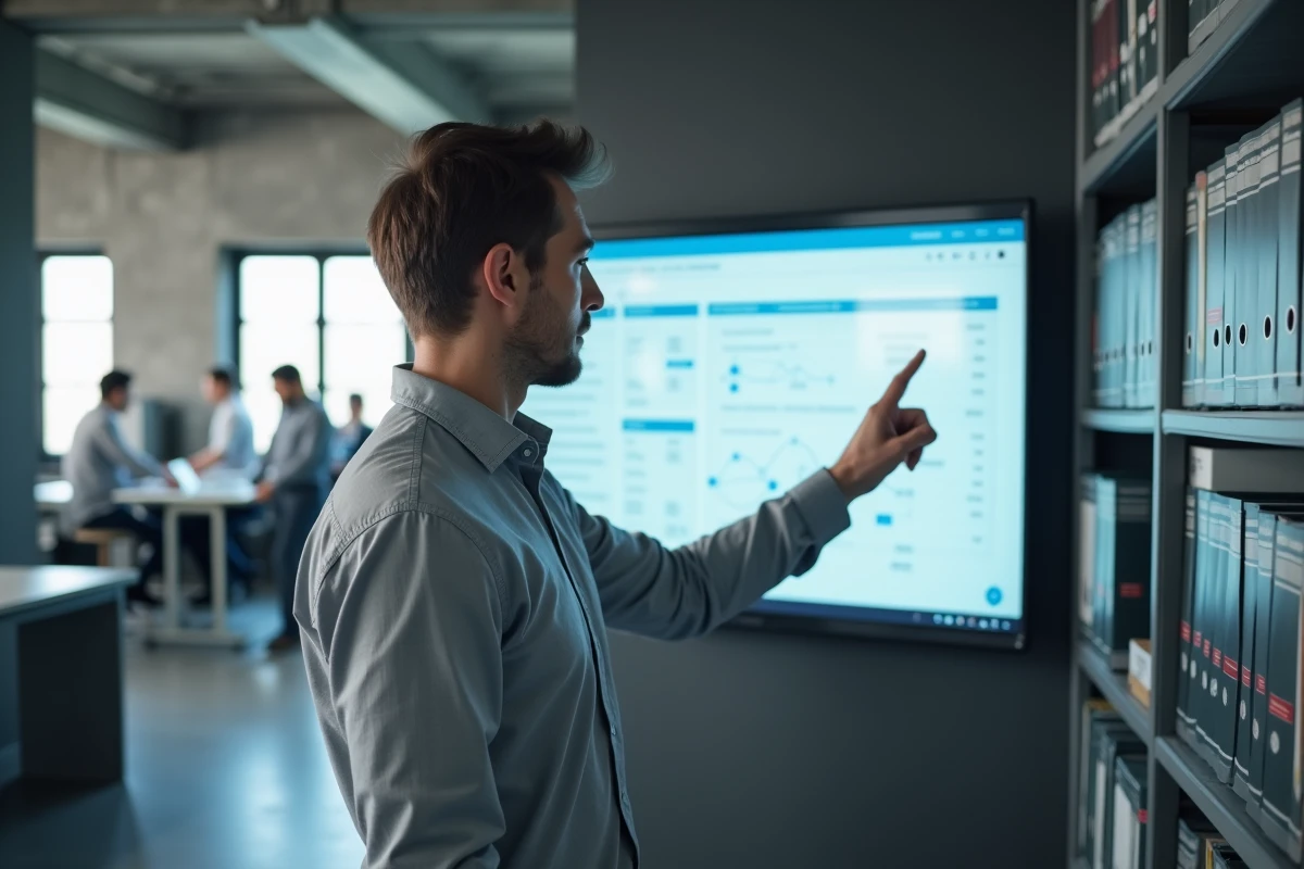 Consultant ERP expliquant la configuration d'un module de comptabilité BFA sur écran interactif