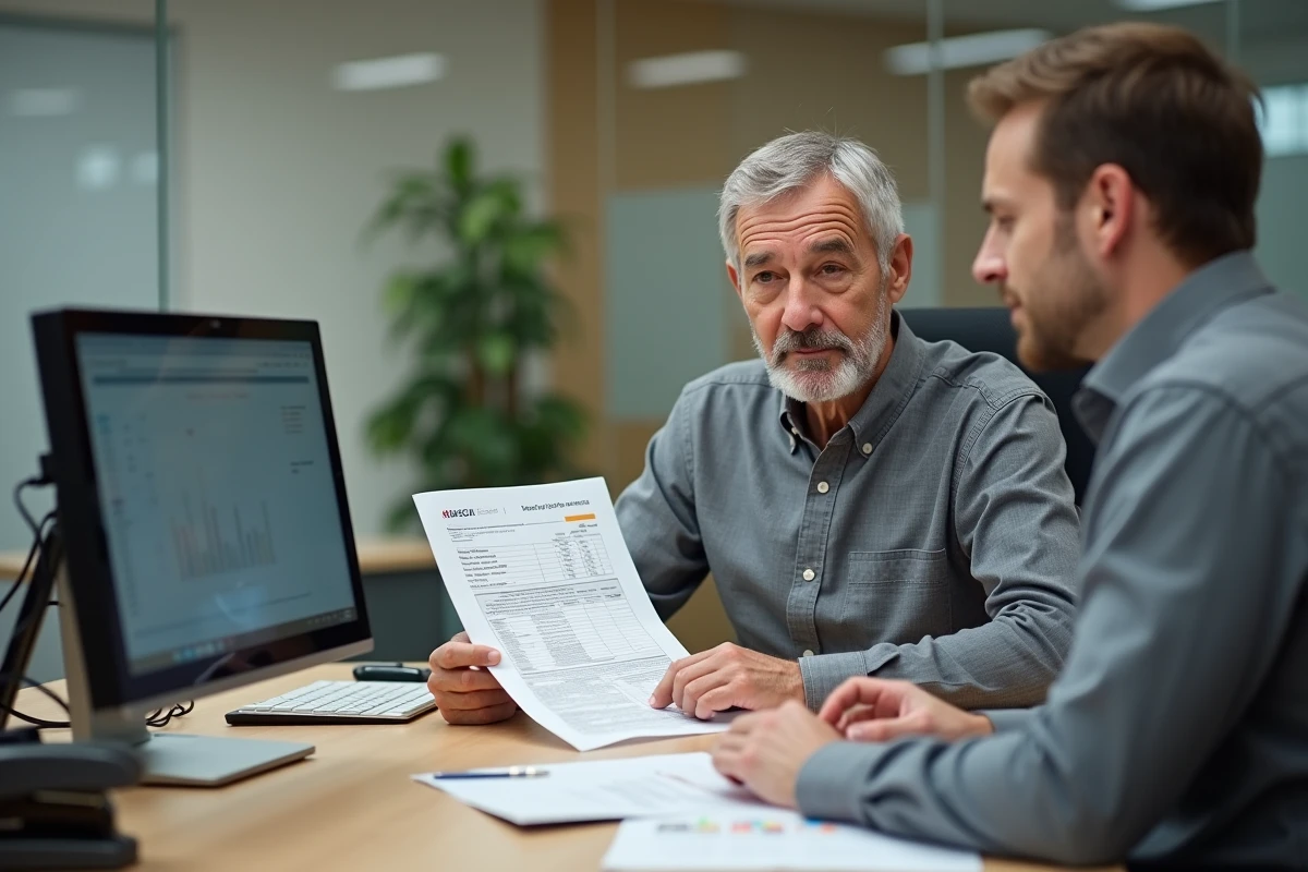 Un homme et un conseiller fiscal examinant ensemble un formulaire H1 impôt dans un bureau professionnel
