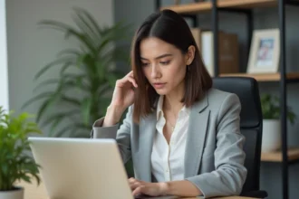 Femme consultant le fichier PRÉVENTEL sur un ordinateur portable dans un bureau à domicile