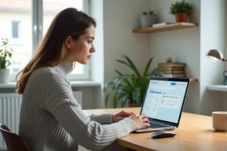Femme consultant ses relevés bancaires Caisse d'Epargne des Savoie en ligne sur un ordinateur portable dans un bureau à domicile