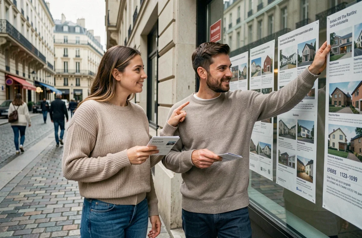 Couple devant une agence immobilière tenant un livret LEL pour financer leur achat immobilier
