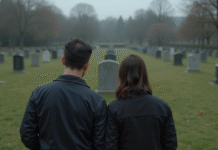 Couple d'adultes devant une tombe dans un cimetière calme