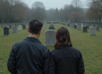 Enterrement : quel est le coût le plus bas ? Comparatif de prix Couple d'adultes devant une tombe dans un cimetière calme