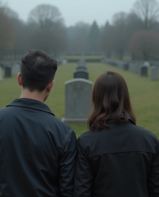 Couple d'adultes devant une tombe dans un cimetière calme