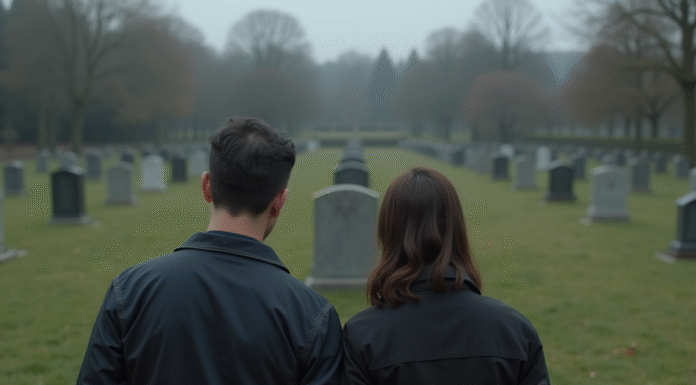 Couple d'adultes devant une tombe dans un cimetière calme