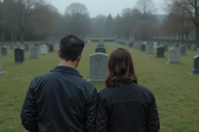 couple-cimetiere-moment-respect Couple d'adultes devant une tombe dans un cimetière calme