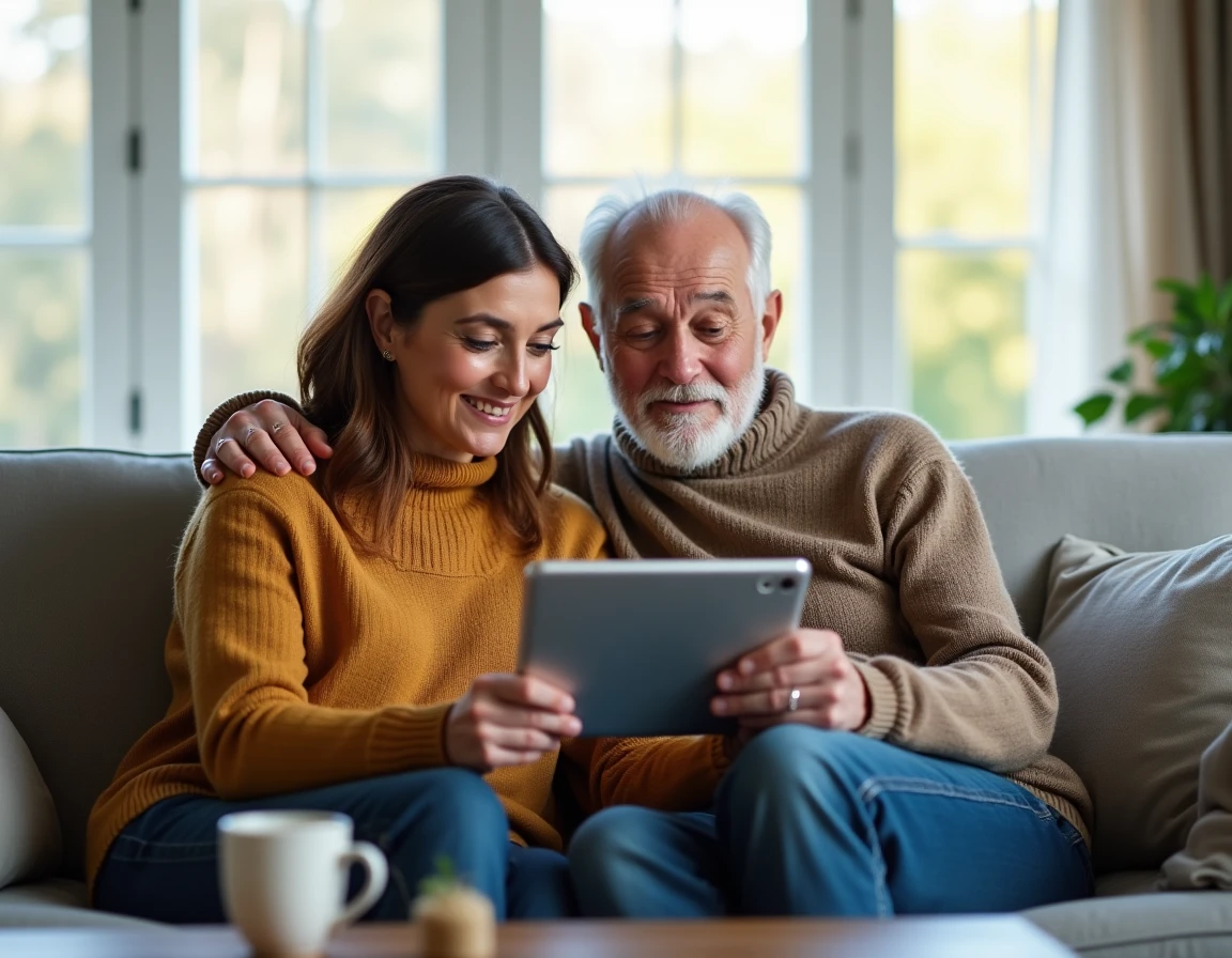 Couple comparant des options d'épargne sur une tablette dans leur salon pour choisir un livret bancaire