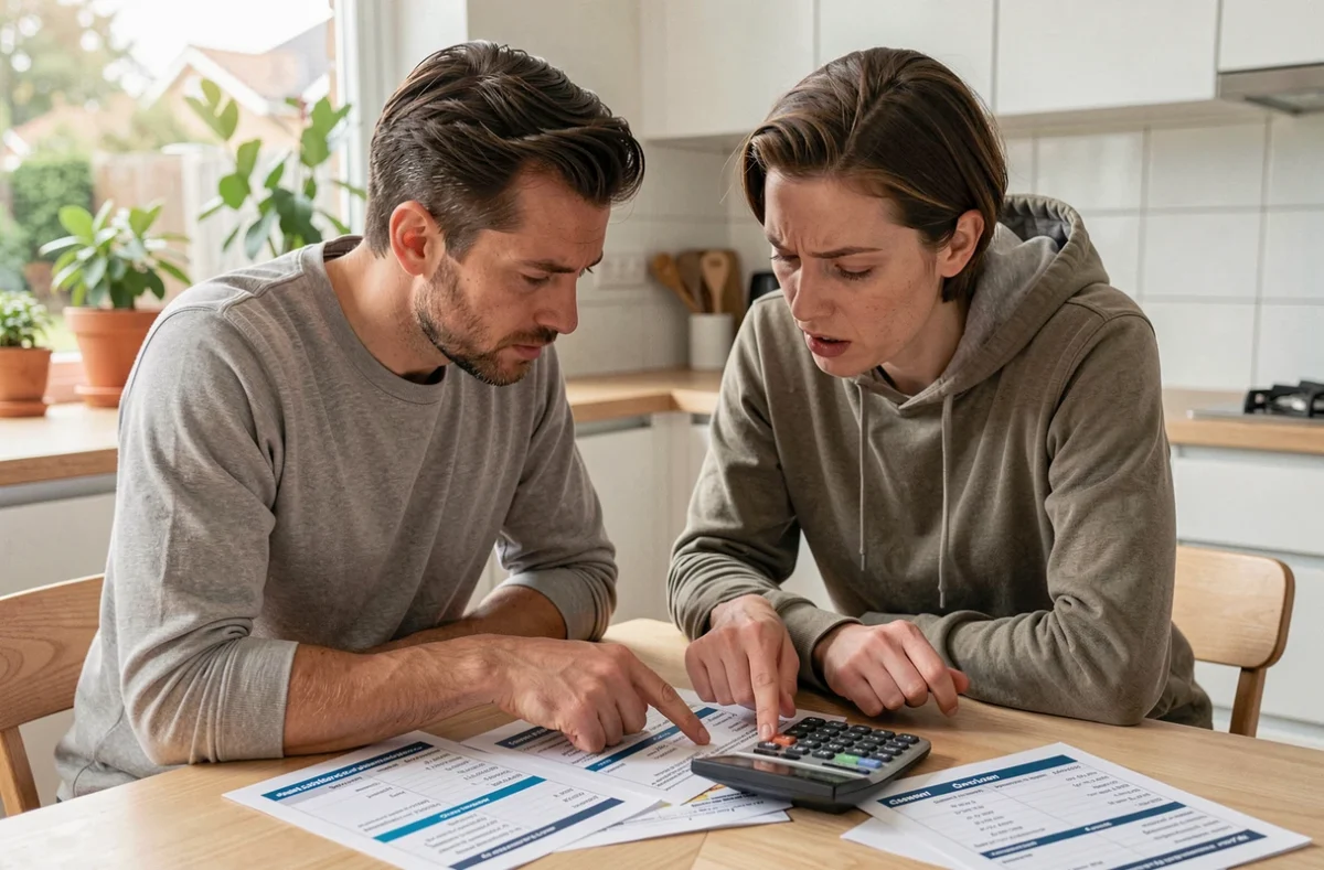 Couple examinant des tableaux de comparaison de prêts immobiliers à la maison, évaluant le coût total et les inconvénients du crédit Casden