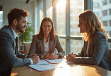 Jeune couple rencontrant un conseiller bancaire moderne