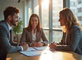 Assurer un prêt : est-ce obligatoire ? Conseils et informations Jeune couple rencontrant un conseiller bancaire moderne