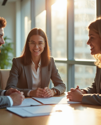 Jeune couple rencontrant un conseiller bancaire moderne