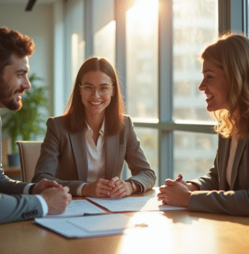 Assurer un prêt : est-ce obligatoire ? Conseils et informations Jeune couple rencontrant un conseiller bancaire moderne