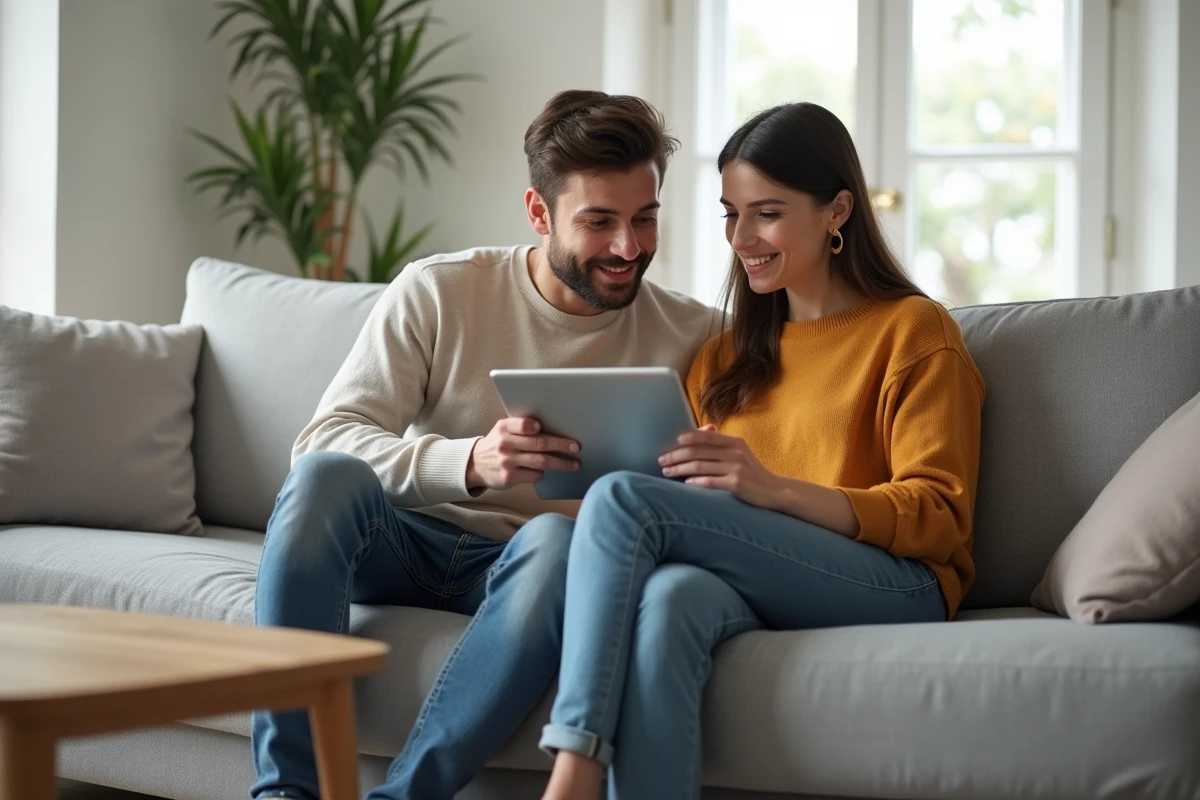 Couple découvrant ensemble l'espace client LCL en ligne sur une tablette dans leur salon