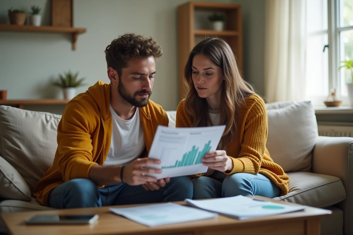 Couple examinant des documents financiers et un tableau de bord d'épargne dans un salon modeste