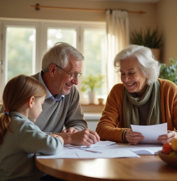 Couple agee avec enfant souriant dans la cuisine