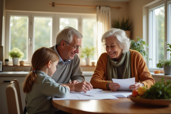 couple-elderly-enfant-papier Couple agee avec enfant souriant dans la cuisine