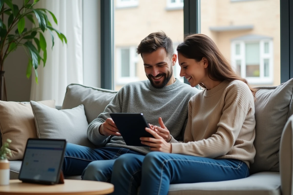 Couple utilisant le forum Boursorama Orange sur une tablette pour fixer le prix de vente de leur bien immobilier