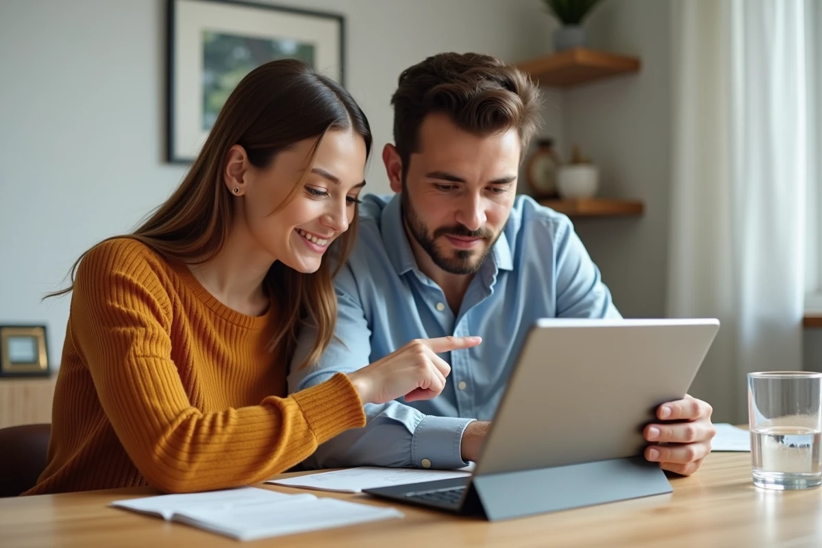 Couple gérant ensemble leurs virements et prélèvements depuis l'espace particulier Société Générale sur tablette