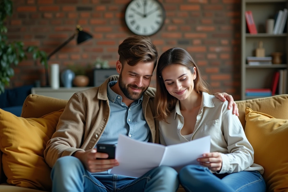 Couple de locataires consultant des documents sur les aides au logement APL dans leur appartement en location