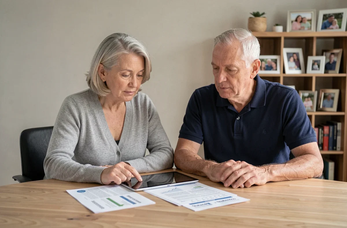 Couple de retraités analysant ensemble un complément de revenus avec une tablette