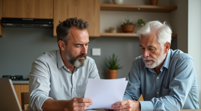 Couple d'adultes en cuisine examinant des documents de retraite