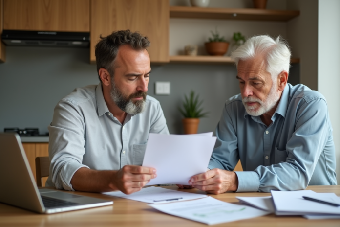 Couple d'adultes en cuisine examinant des documents de retraite