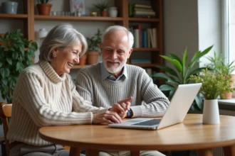 Couple senior souriant regardant un ordinateur avec graphiques financiers