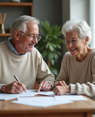 Couple senior détendu discutant de documents dans un appartement lumineux