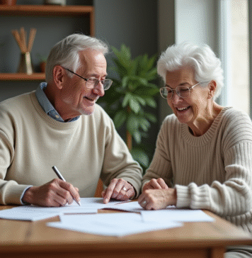 Meilleur régime de retraite : comparatif des options disponibles en France Couple senior détendu discutant de documents dans un appartement lumineux