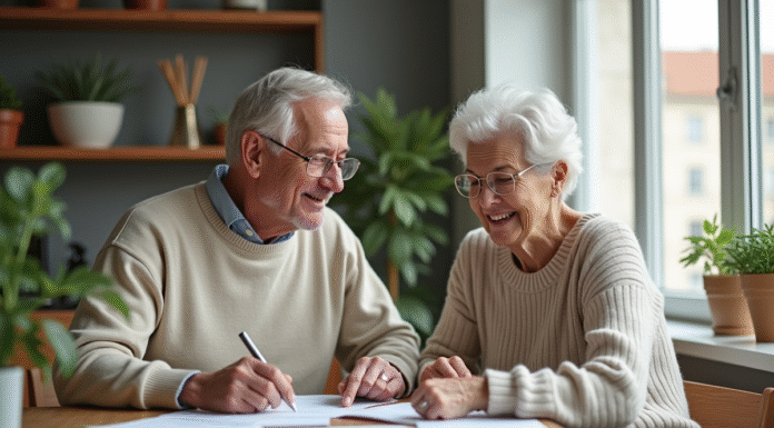 Couple senior détendu discutant de documents dans un appartement lumineux