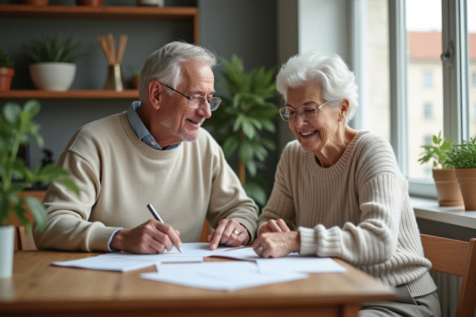 Couple senior détendu discutant de documents dans un appartement lumineux