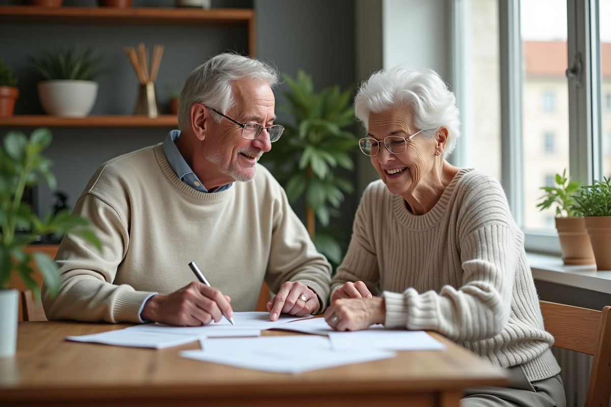 Couple senior détendu discutant de documents dans un appartement lumineux