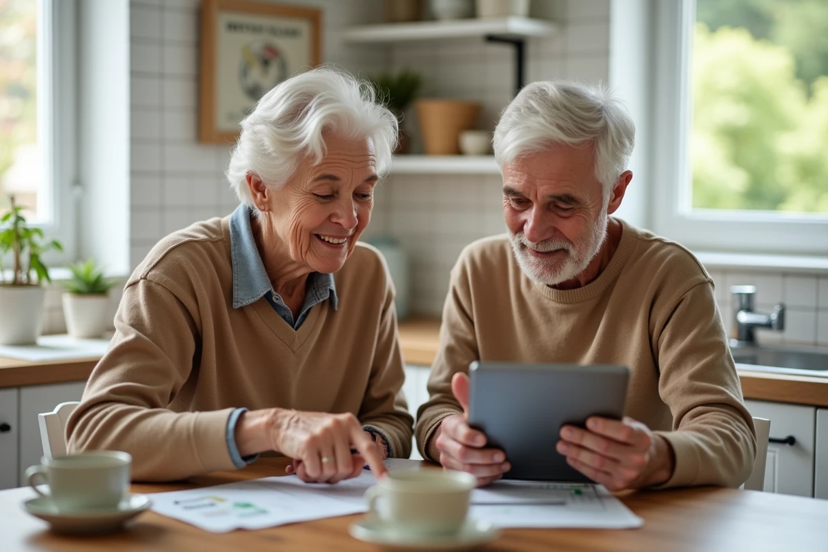 Couple de seniors gérant ensemble leur compte sécurisé Crédit Agricole du Nord Est sur une tablette dans leur cuisine