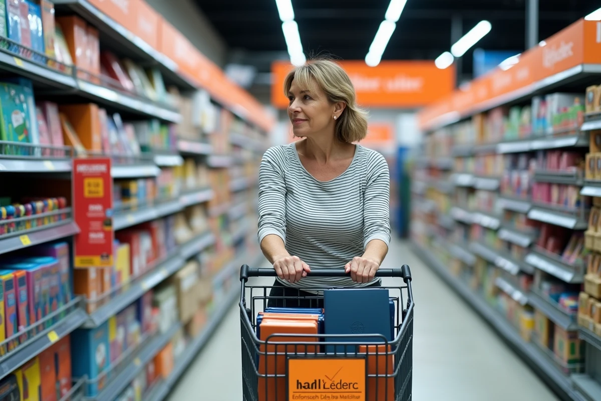 Mère faisant les courses de rentrée scolaire 2026 dans le rayon fournitures d'un hypermarché Leclerc