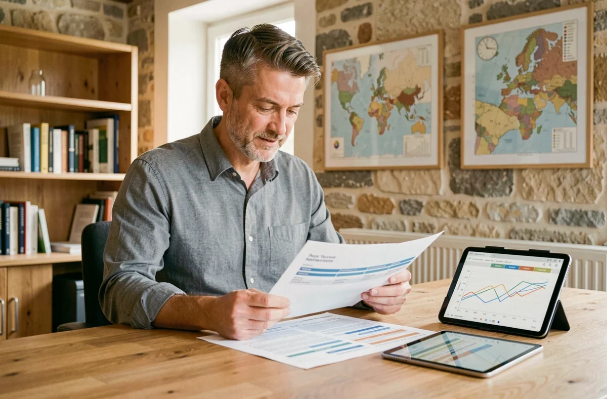 Un courtier indépendant de Courtier 17 analyse un dossier de financement immobilier dans son bureau en Charente-Maritime