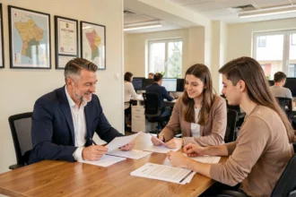 Courtier en crédit immobilier conseillant un couple dans un bureau professionnel en Haute-Saône