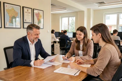 Courtier en crédit immobilier conseillant un couple dans un bureau professionnel en Haute-Saône