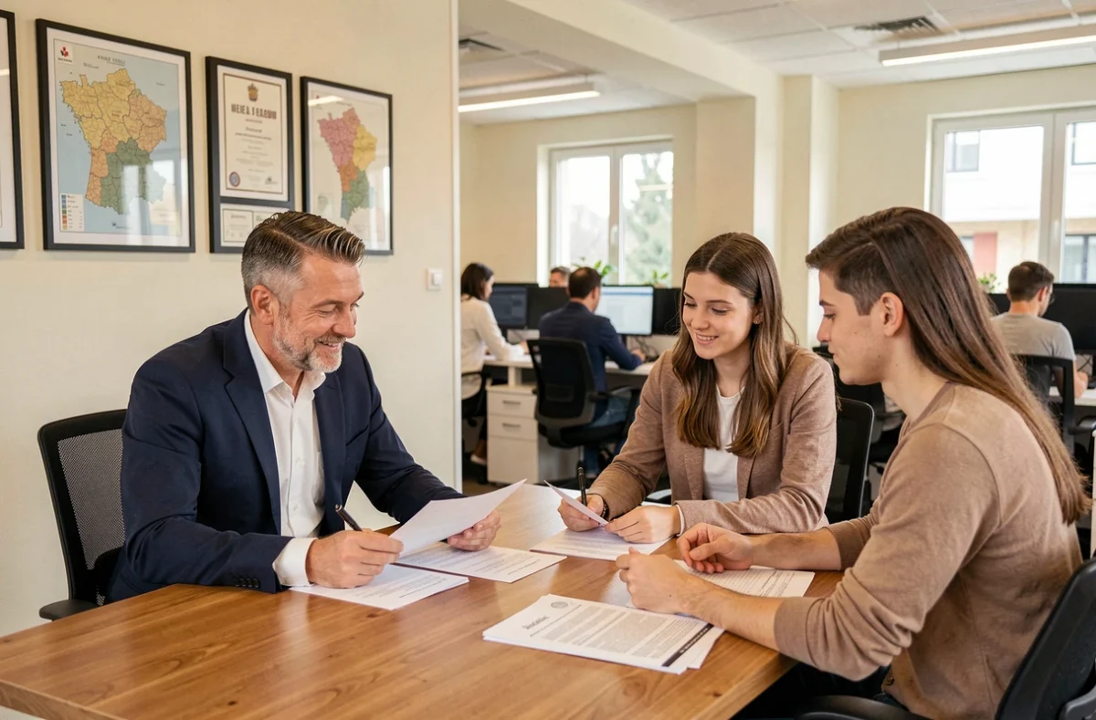 Courtier en crédit immobilier conseillant un couple dans un bureau professionnel en Haute-Saône