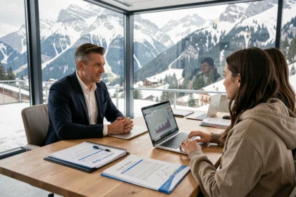 Un courtier en crédit immobilier conseille un couple dans un bureau moderne en Haute-Savoie avec vue sur les montagnes