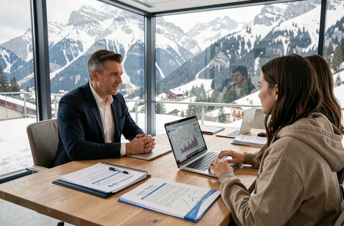 Un courtier en crédit immobilier conseille un couple dans un bureau moderne en Haute-Savoie avec vue sur les montagnes