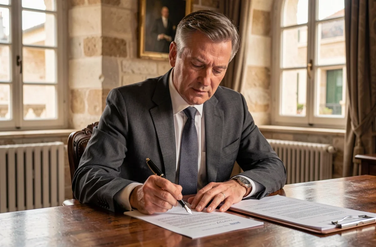 Un courtier du Crédit Courtier de France à La Rochelle examine attentivement un dossier de prêt immobilier dans un bureau au décor classique