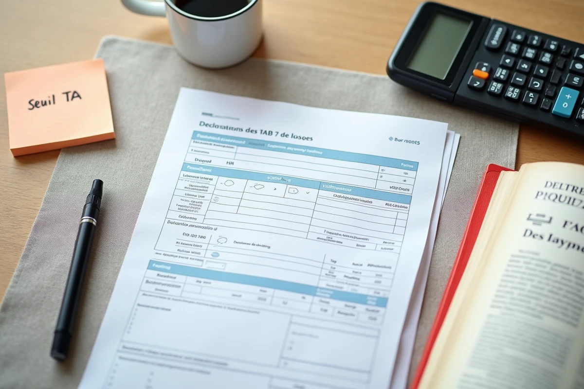 Vue de dessus d'une déclaration fiscale française avec annotation seuil TVA et exemplaire du Code Général des Impôts