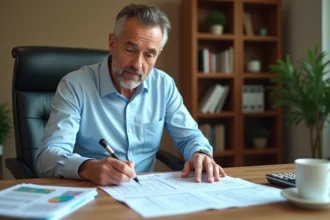 Propriétaire immobilier analysant ses documents de taxe foncière au régime réel sur son bureau à domicile