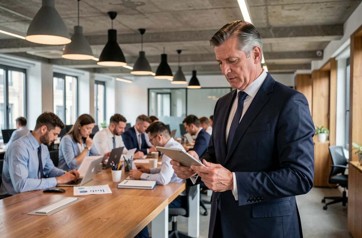 Associé principal de Deloitte Bordeaux debout à son bureau consultant une tablette dans un grand espace de travail moderne