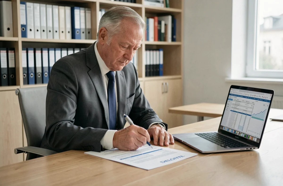 Expert-comptable senior de Deloitte Paris annotant un rapport financier à son bureau dans un bureau exécutif moderne