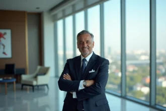 Homme d'affaires en costume sombre devant une vue panoramique urbaine, symbolisant le pouvoir financier et la gestion d'un grand club de football comme le PSG
