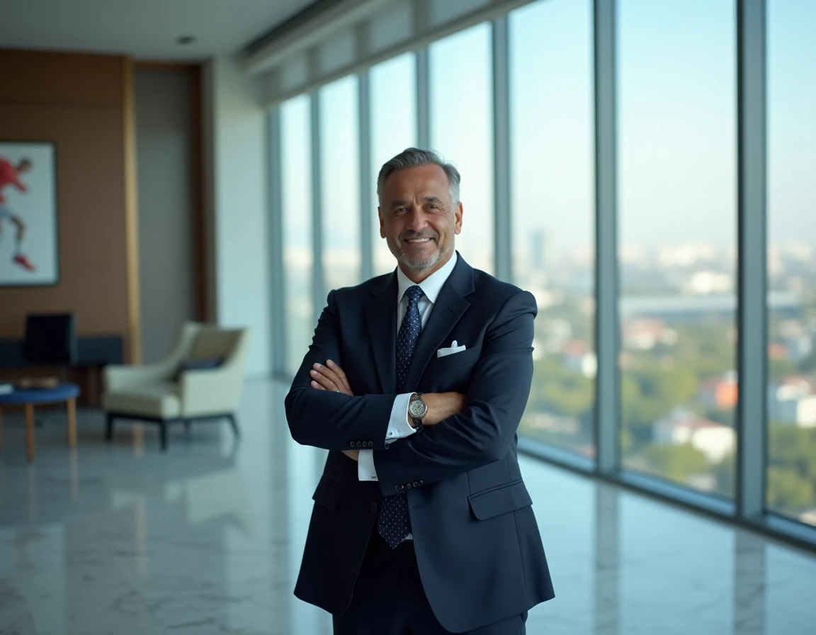 Homme d'affaires en costume sombre devant une vue panoramique urbaine, symbolisant le pouvoir financier et la gestion d'un grand club de football comme le PSG