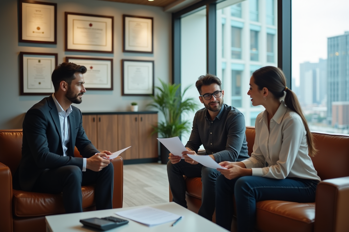 Jeune couple discute avec avocat dans un espace professionnel