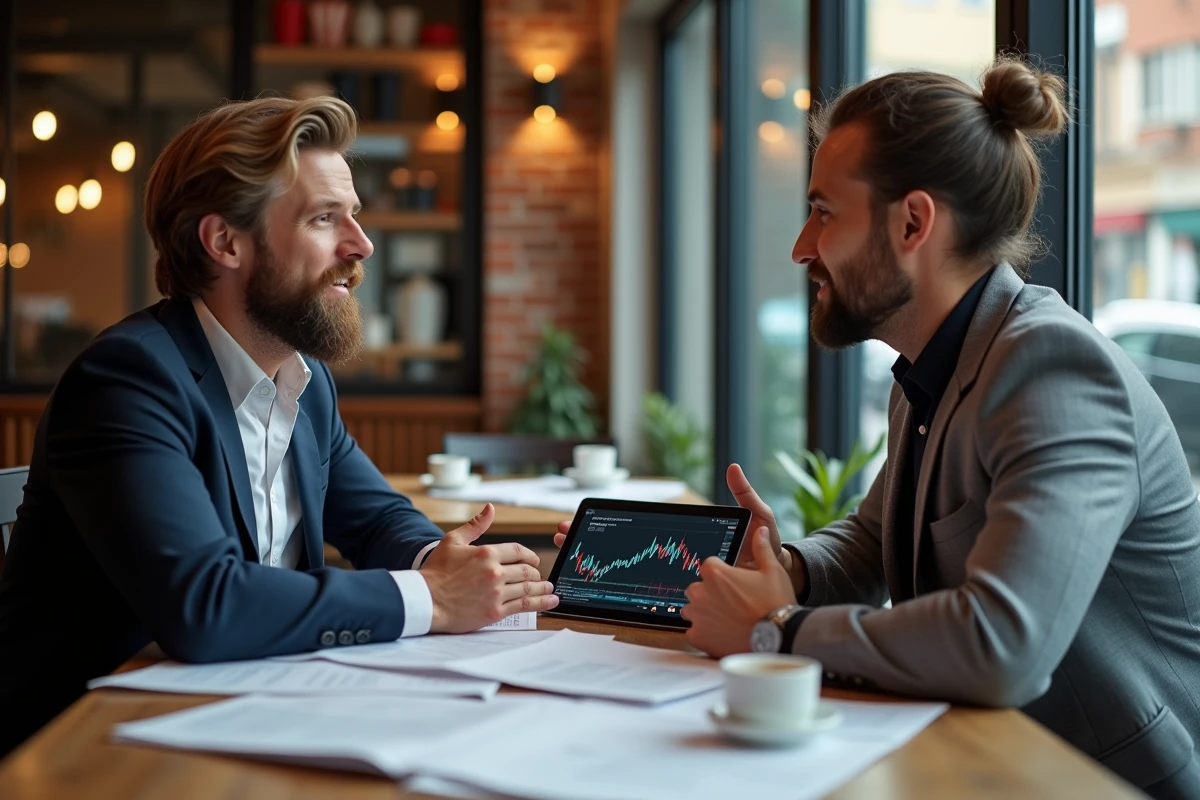 Deux professionnels discutant des prévisions et risques du Bitcoin en 2030 autour de graphiques financiers dans un café