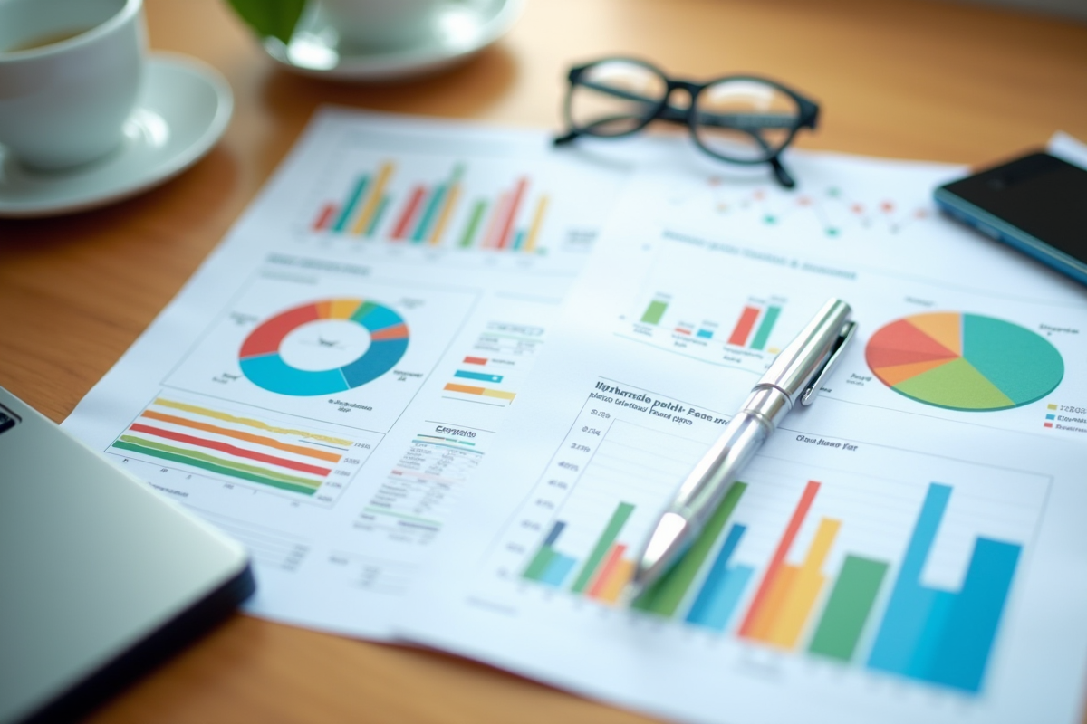 Documents financiers avec graphiques et stylos sur une table en journée